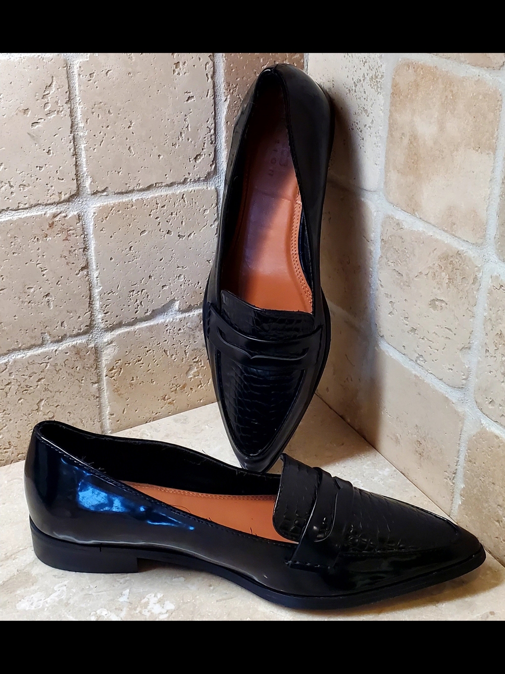 ASOS Black Patent Pointed Penny Loafers Vegan Size 7